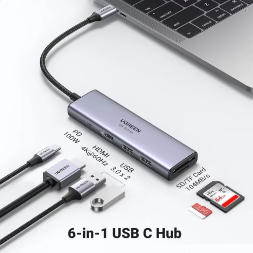 UGREEN 6-in-1 USB-C Hub Adapter HDMI 4K 60Hz, USB 3.0, SD/TF Card Reader for MacBook Pro Air, iPhone 15 Pro UGREEN 6-in-1 USB-C Hub Adapter HDMI 4K 60Hz, USB 3.0, SD/TF Card Reader for MacBook Pro Air, iPhone 15 Pro